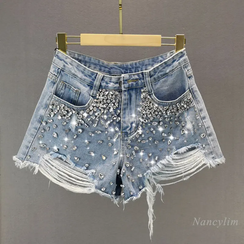 

Ripped Wide-Leg Denim Shorts Women's 2023 Summer New High Waist Exquisite Rhinestone Hot Pants Ladies Streetwear Jean Shorts