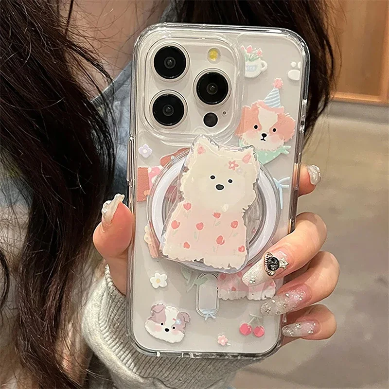 Cute Dog Flower Magsafe Case For iPhone 16 15 14 Pro Max 11 12 13 Pro XS Max X XR 7 8 Plus Magnetic Stand Holder PC Clear Cover