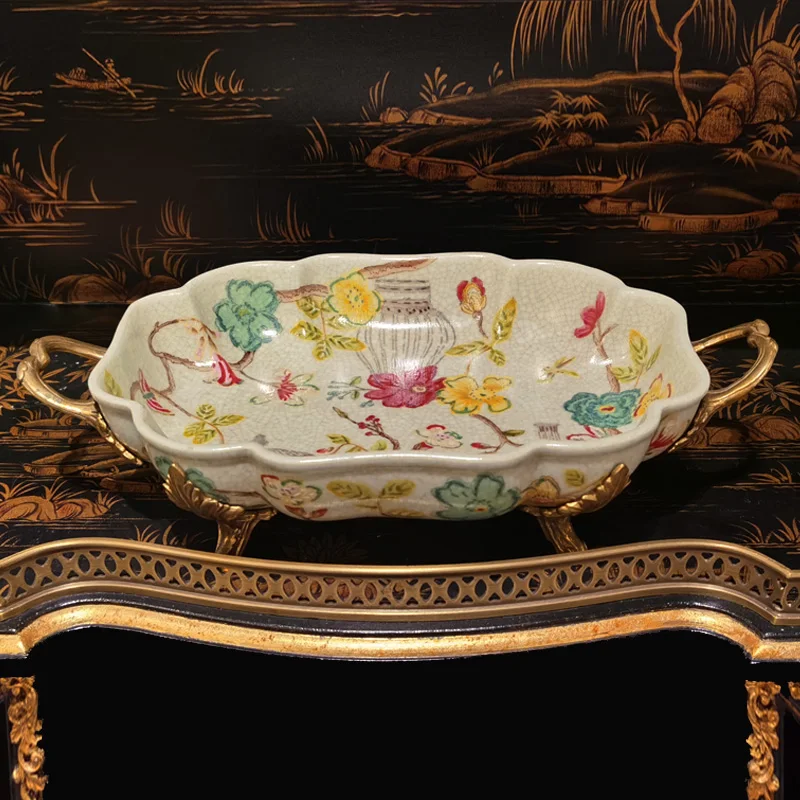 ديكور منزلي من السيراميك مستطيل من النحاس الذهبي، صينية فواكه مجففة، طبق زخرفي فاخر، مقبض معدني حديث