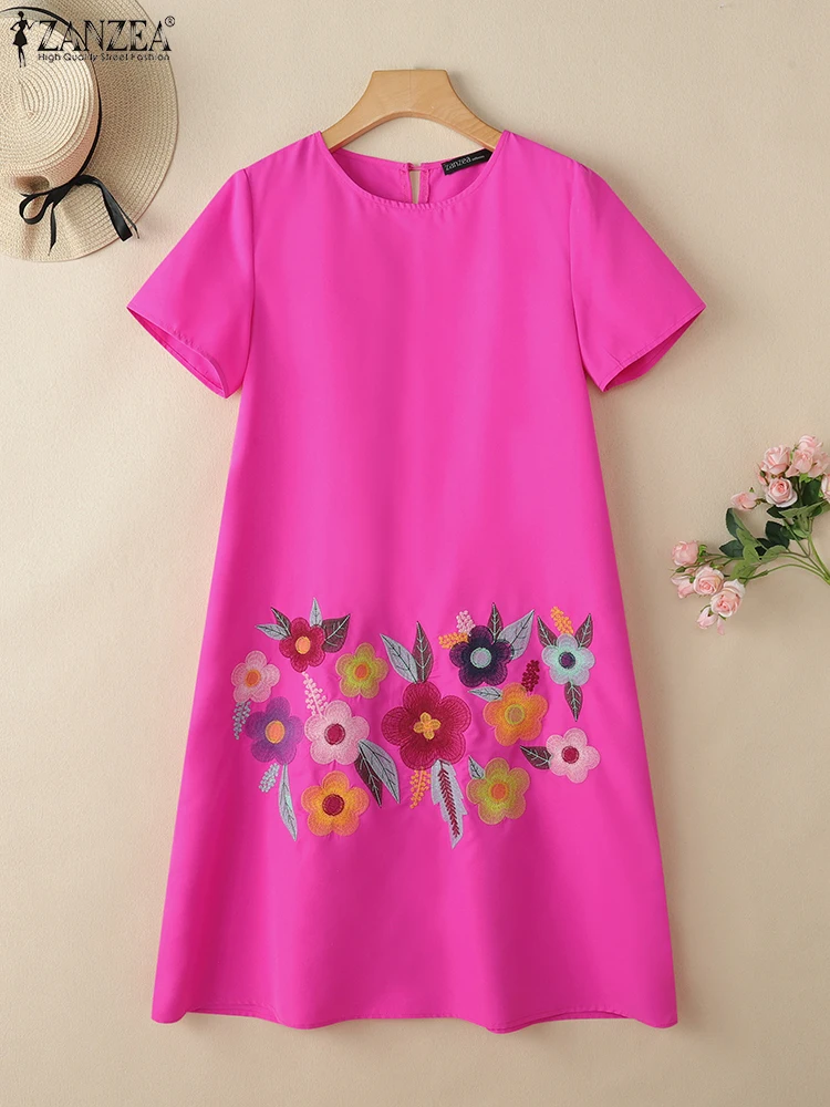 ZANZEA Sommer Floral Stickerei A-line Roben Femme Oansatz Frau Kurzarm Casual Vestidos Mujer Pendeln Knie-Länge Kleider