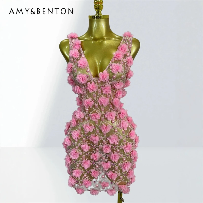 

Decal Hot Beads Sexy Low-cut Women's Sleeveless Dress European American Design Birthday Party Vacation Performance Dresses Girl