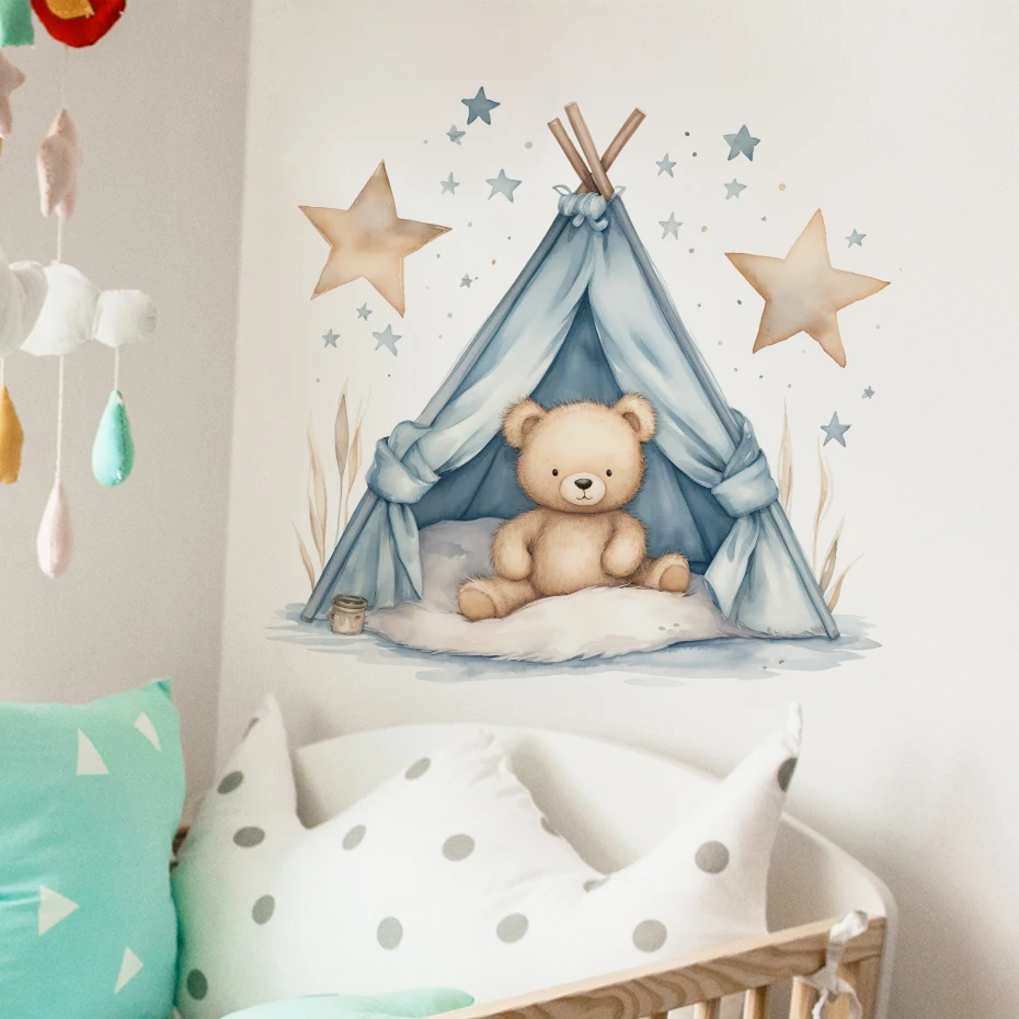 Cartoon Teddy Bear Tent Stars Wall Stickers for Kids Room Nursery Baby Room Decoration Wall Decals Room Interior