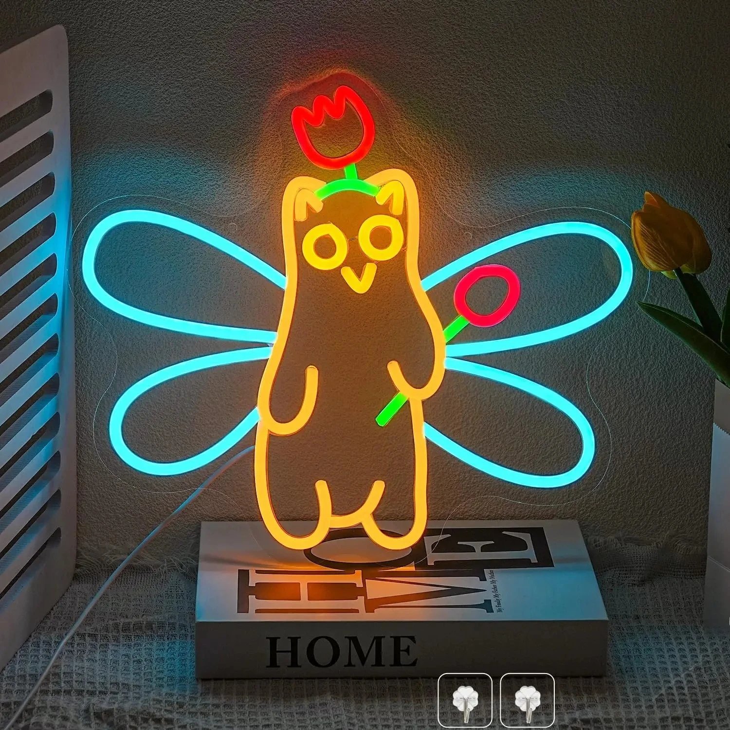 Cute Cat Butterfly Wings Tulip Neon Sign Colorful LED Wall Art USB Powered Kids Room Cafe Party Home Decoration Hanging Light