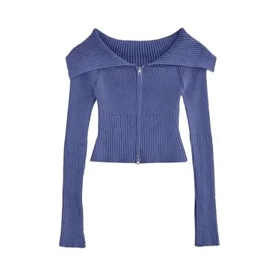 KUSAHIKI 2023 New Sexy Spicy Girl Y2K Knitwear Top Korea Chic Autumn Off Shoulder Strapless Double Zippers Slim Knitted Cardigan