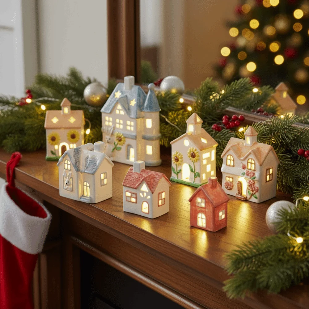 Colorful Ceramic House Nightlight Button Cells Battery-operated Handcrafted LED Christmas Village Warm-glow Aesthetic