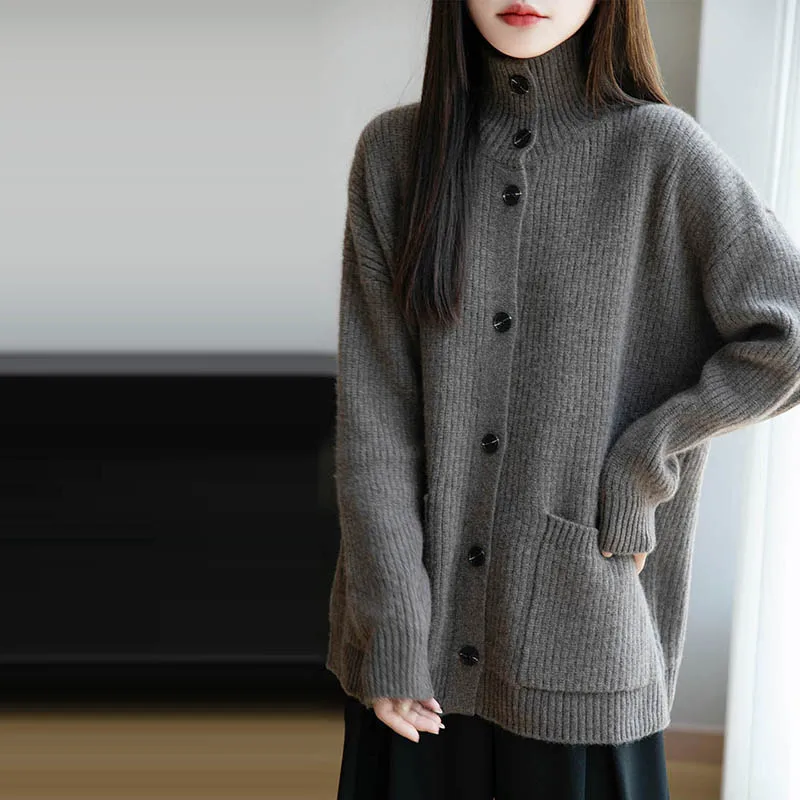 

MEETCC женский кардиган из 100% мериносовой шерсти с воротником-стойкой и карманами, дизайнерский свитер на пуговицах, осенне-зимний трикотаж, одежда