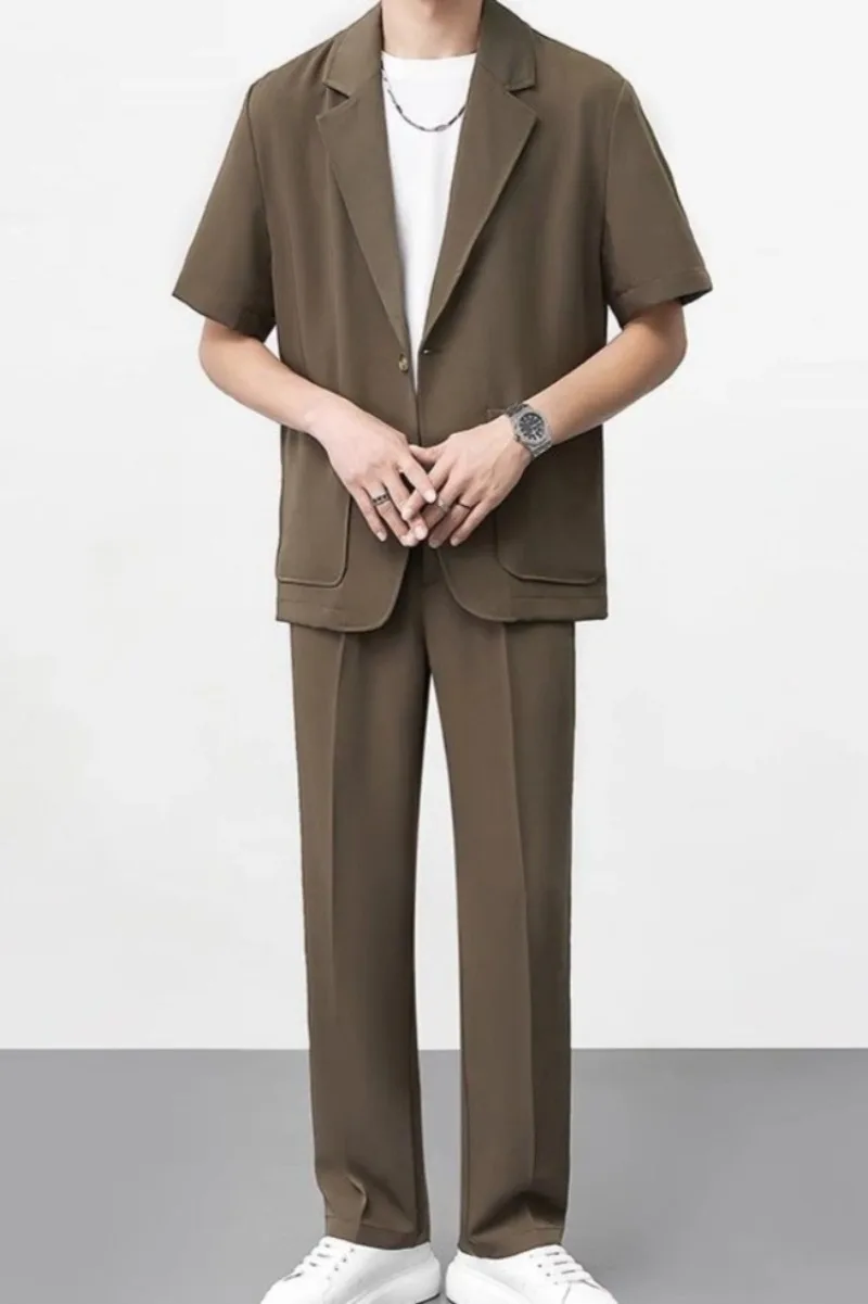 ​Thin Summer Suit Jacket For Men Trendy Office Wear Lightweight Short Sleeve Blazer Single Breasted Design​