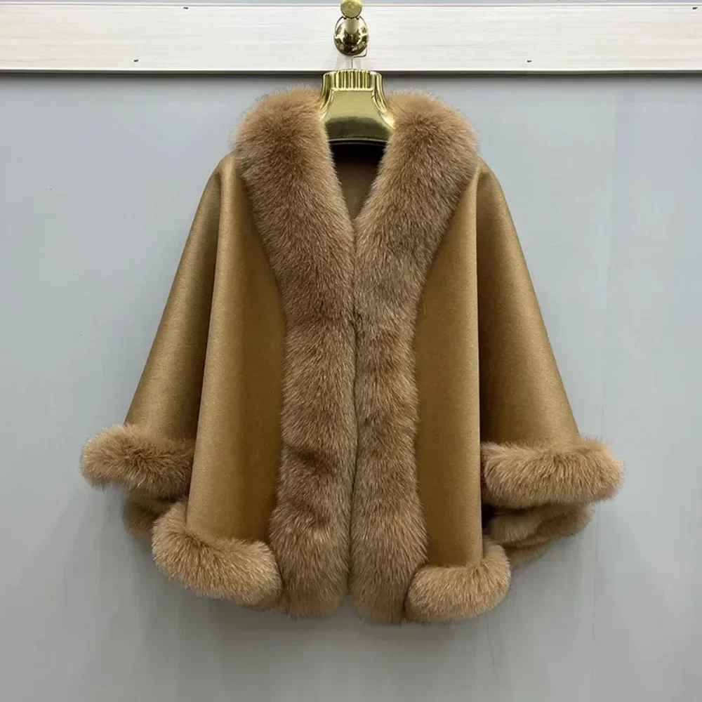 2024 New Autumn Winter Fashion Women Wool Warm Cardigan Shawl Jacket with Real Fox Fur Collar Ponchos Cloak Outwear Female Coats