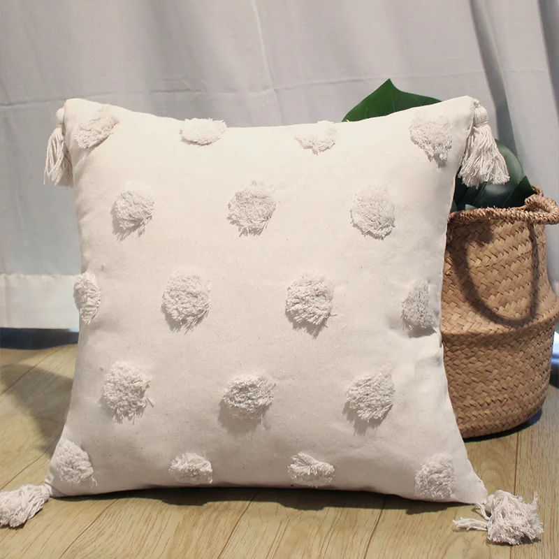 Cotton Canvas Polka Dot Tufted Cushion Cover Bohemia Tassel Decorative Pillow Cover Living Room Geometric Waist Pillowcase