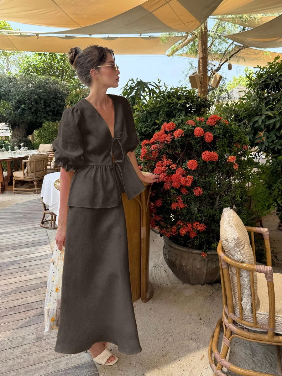 2025 ฤดูร้อนผู้หญิงผ้าฝ้าย 100% VคอLace-Up Bubbleแขนเสื้อชุดกระโปรงยาวหลวมสบายๆ 2 ชิ้น