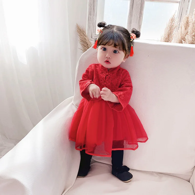 

Baby Chinese Style Dress for Girls, Spring and Autumn Lace Mesh Princess Dress, Baby One-Year-Old Hundred-Day Celebration Dress,
