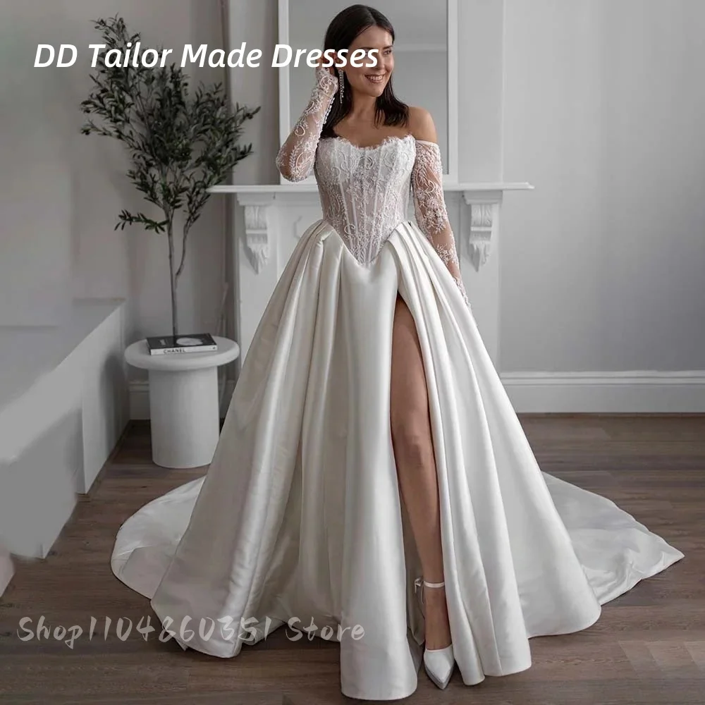 

Pleats Satin Long Wedding Dress Side High Slit Corset Boho Beach Bridal Gown Lace Long Sleeves Beaded Vestidos Customized