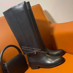 Genuine Leather Boots Knee High Round Toe Square Heel Belt Buckle Solid Black Slip-On Fashion Sexy Elegant Women Winter Shoe New