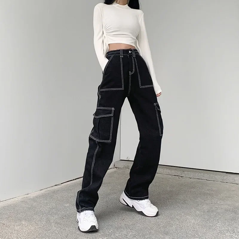 

Y2K Women's High Waist Stitching Pocket Jeans Loose Street Straight Fashion Pants Cotton Women Cargo Pants Oversize Trousers
