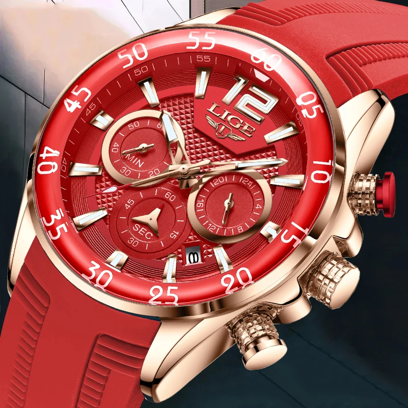 

LIGE Classic Red Silicone Watch Top Brand Luxury Military Chronograph Waterproof Quartz Watches For Men Sports Date Watch Men