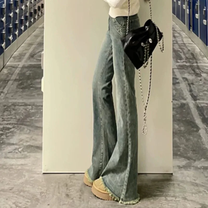 

Джинсы-клеш для женщин, винтажный простой дизайн, высокая талия, студенческие девушки, молодые Ins, шикарный корейский стиль, длинная длина, универсальные весенние