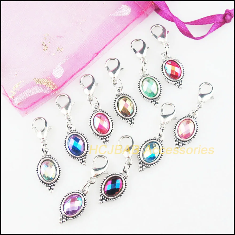 20Pcs Tibetan Silver Plated Flower Oval Frame Mixed Acrylic Charms Pendants With Lobster Claw Clasps 9x17mm