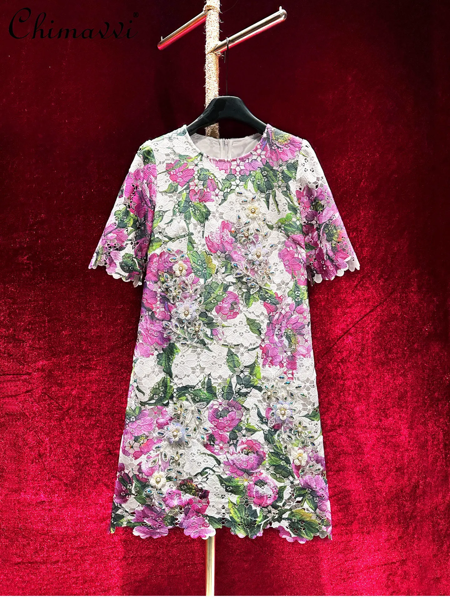 

French Elegant Socialite Heavy Industry Beaded Hollow Lace Dress Crew Neck Short Sleeve Fashion Short Dress Women's Summer 2026