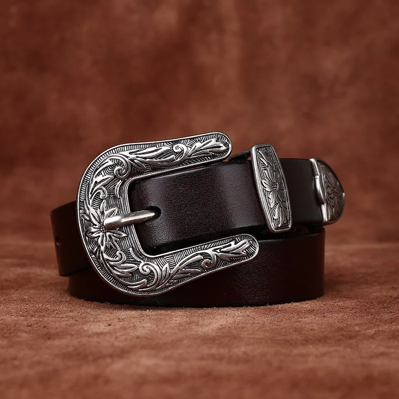 2.4CM Pure Cowhide High Quality Genuine Leather Thin Belts for Women Fashion Trend Fancy Vintage Jeans Cowboy Needle Buckle Belt