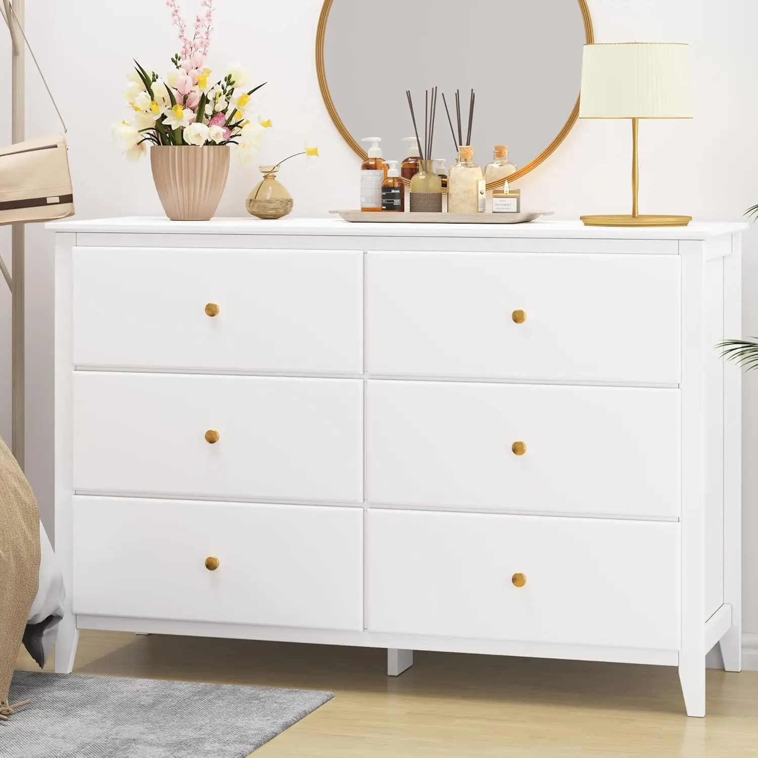 Bedroom Dressers with Drawers, White Dresser Modern 6 Chest of Drawers with Deep Drawers, TV Stand Storage Chest of Drawers for