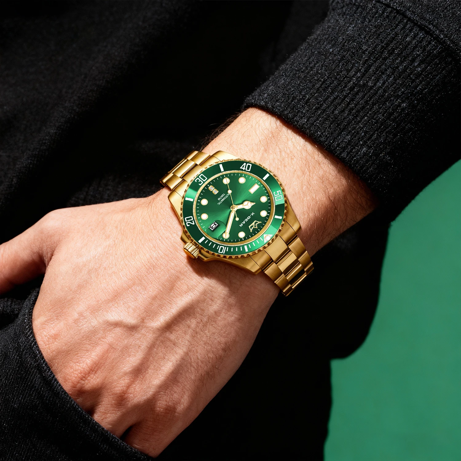 ساعة X-GEAR Water Ghost المضيئة للغوص حركة ميكانيكية أوتوماتيكية من الفولاذ المقاوم للصدأ حزام ساعة بإطار من السيراميك مقاوم للماء