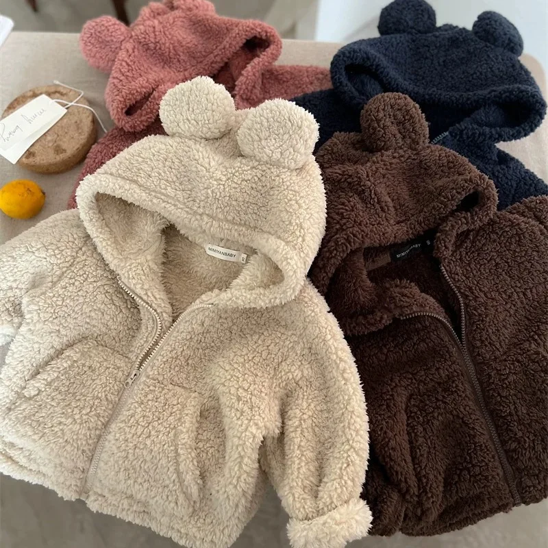 

Korean Winter Children Girls Woolen Coat Solid Ear Hooded Thick Infant Babys Girl Jakcet Plus Velvet Toddler Kids Girl Outerwear