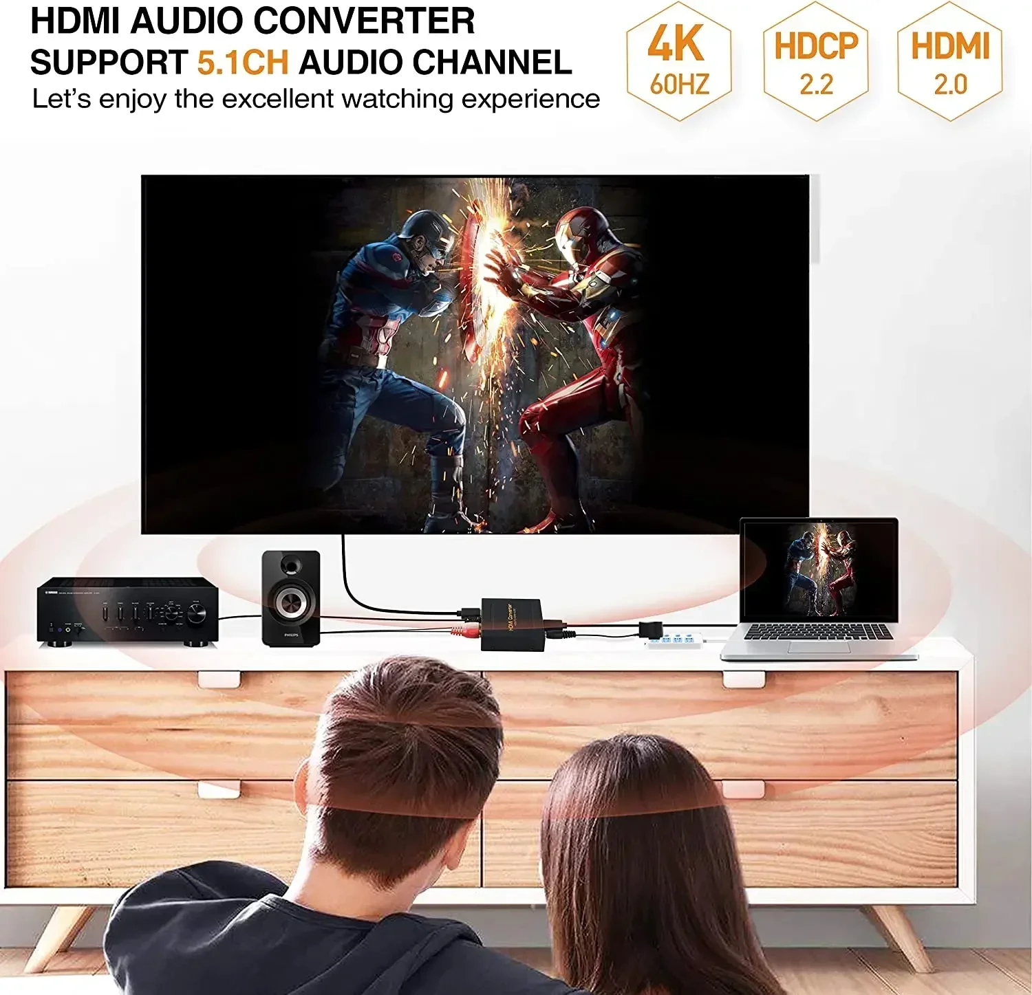 HDMI-Compatible Audio Extractor Converter HD+ Audio ( SPDIF + RCA L/R Stereo ) for Fire Stick Xbox PS5 Support 3D HDCP2.2 18Gpbs