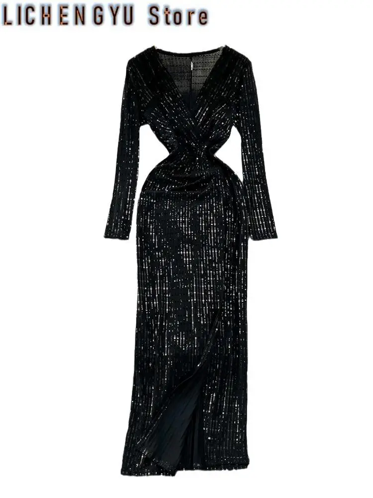 

Elegant Chic Y2K Women's Dress Long-sleeve V-neck Split Sequins Patchwork Hip Warp Dresses Autumn Winter New