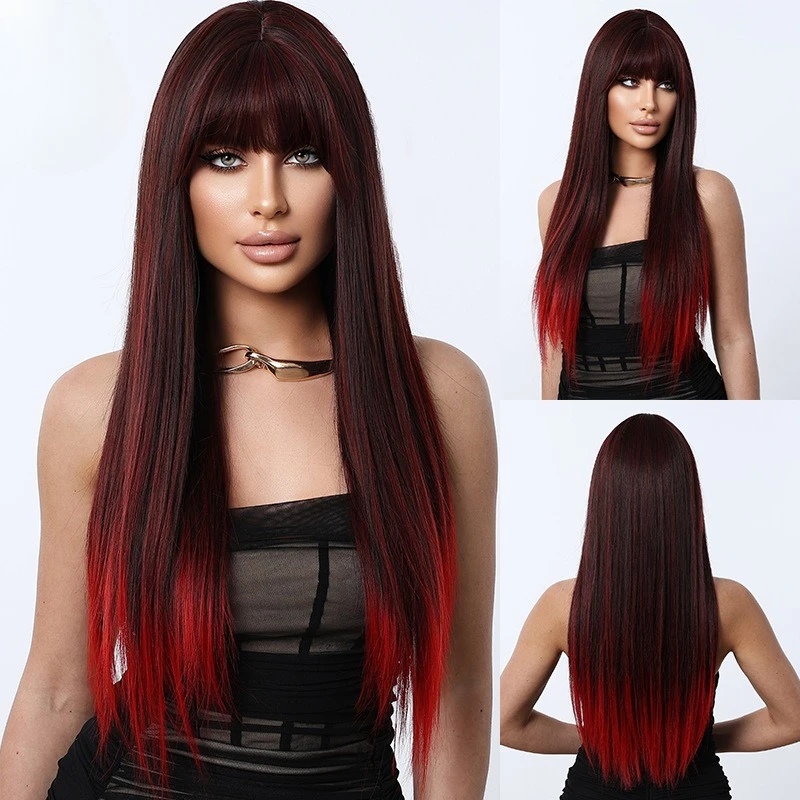 

Wig brown rice gradual change long curly hair wig female, daily high temperature silk wig natural full head cover