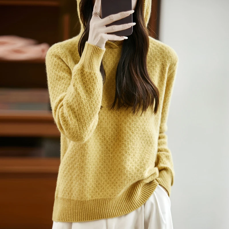 

Choice Women Pullover Sweater Hooded Jumper Korean Loose Solid Long Sleeve Tops Casual Autumn Winter Warm Knitted Sweaters