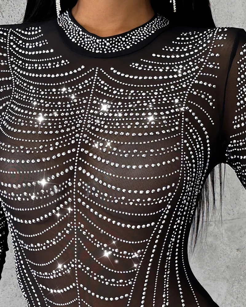 2024 Women Rhinestone Round Neck Mesh Slim Fit Elegant Bodysuit