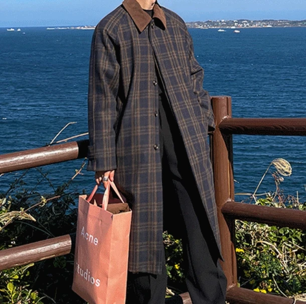 

SuperAen Japan-style Classic Vintage Plaid Woolen Overcoat Autumn and Winter New Fashion Loose Casual Long Jackets
