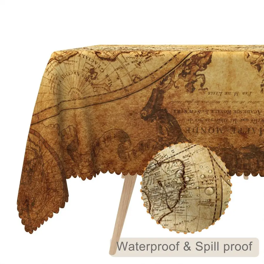 Old World Map Tablecloth Vintage World Map Earth Global Geography Rectangular Table Cloth Washable Wrinkle Resistant Table Cover