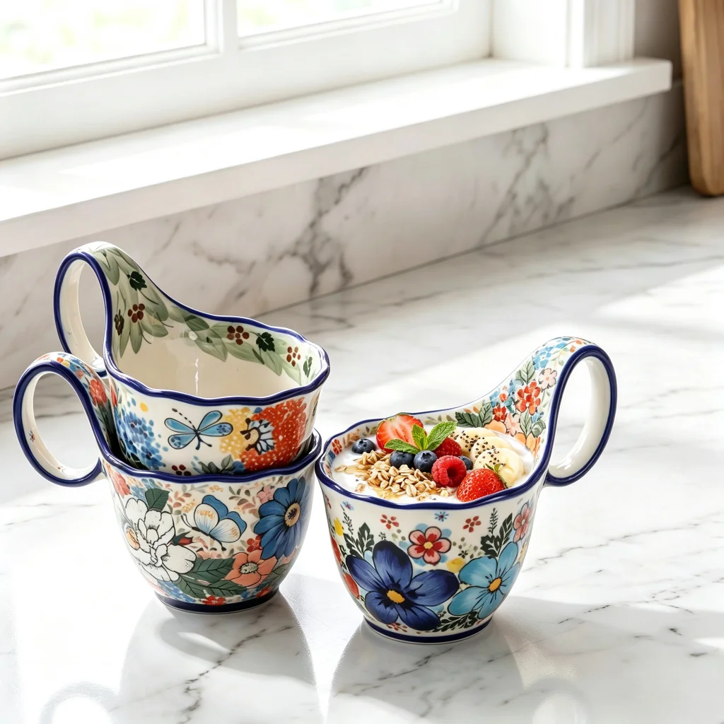 500ml Ceramic Cup Bowl with Loop Handle Boho Floral Ceramic Soup Mug Painted Wide Mouth Coffee Cup Microwave Safe for Tea Milk