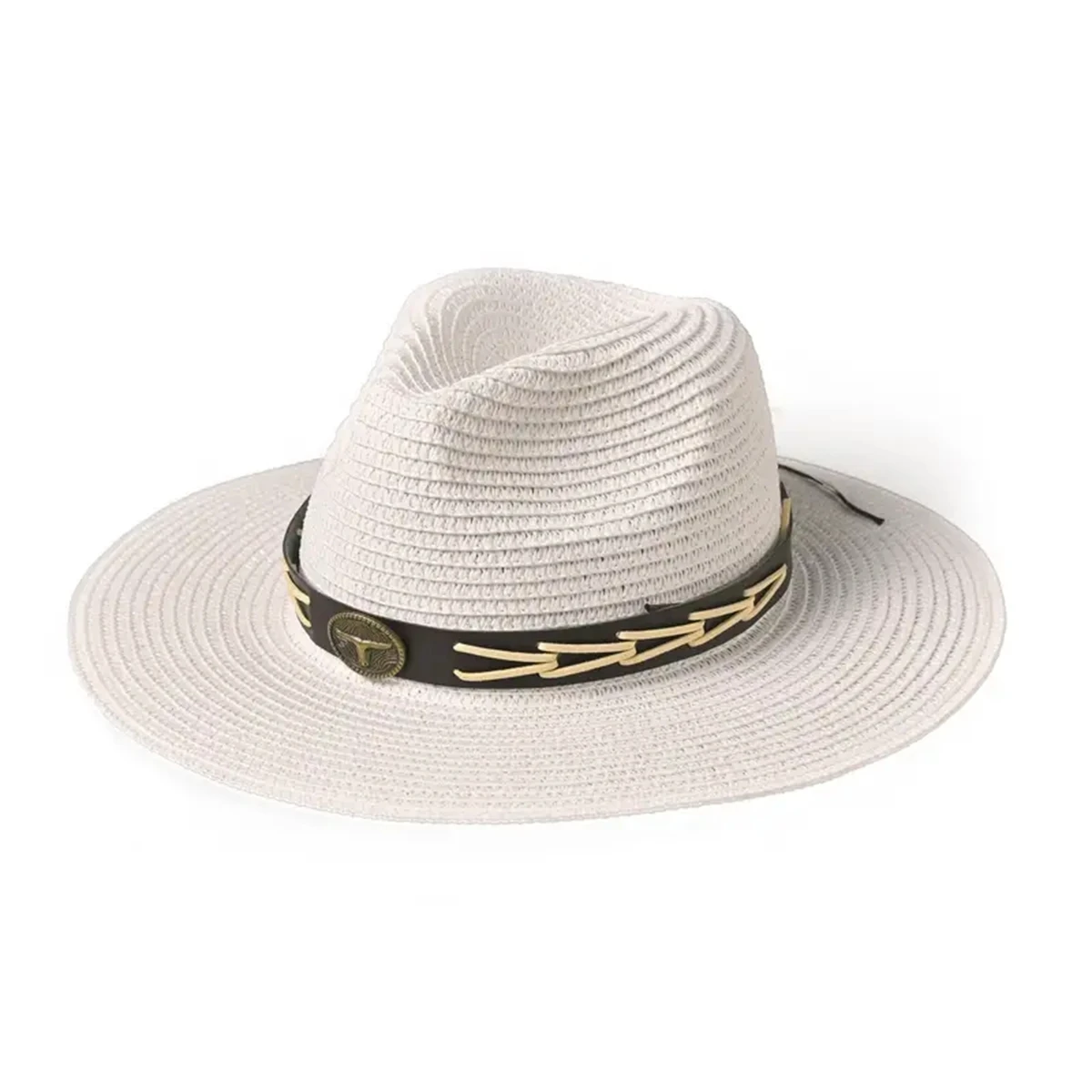 Ladies\' wide belt trim cowboy hat spring and Summer Outdoor Sun Protection Beach Sun hat folding straw jazz hat men can wear