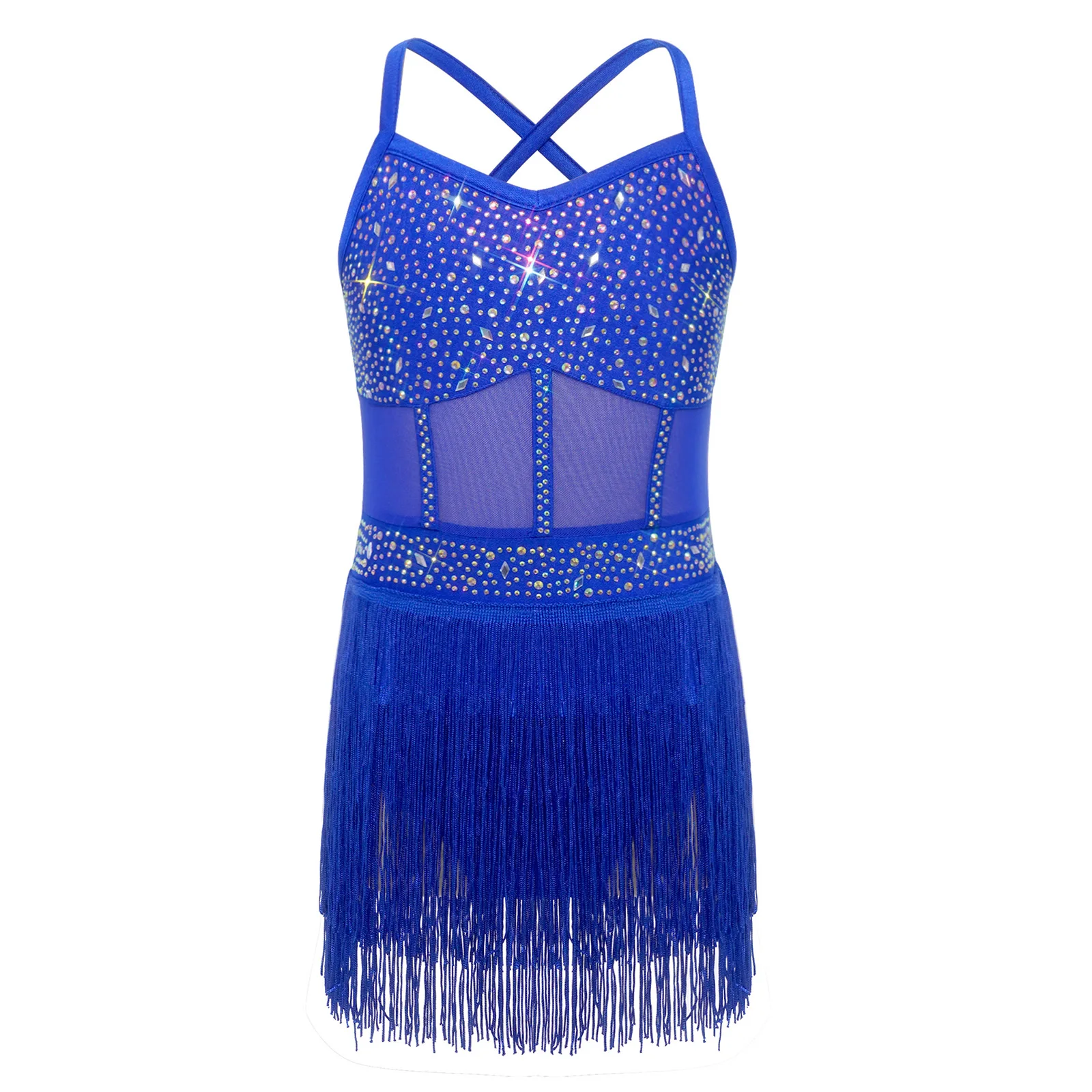 Kinderen meisjes Latin Tango dans turnpakje jurk pure mesh patchwork gelaagde kwastje franje bodysuit jurk voor jazz ballroom danskleding