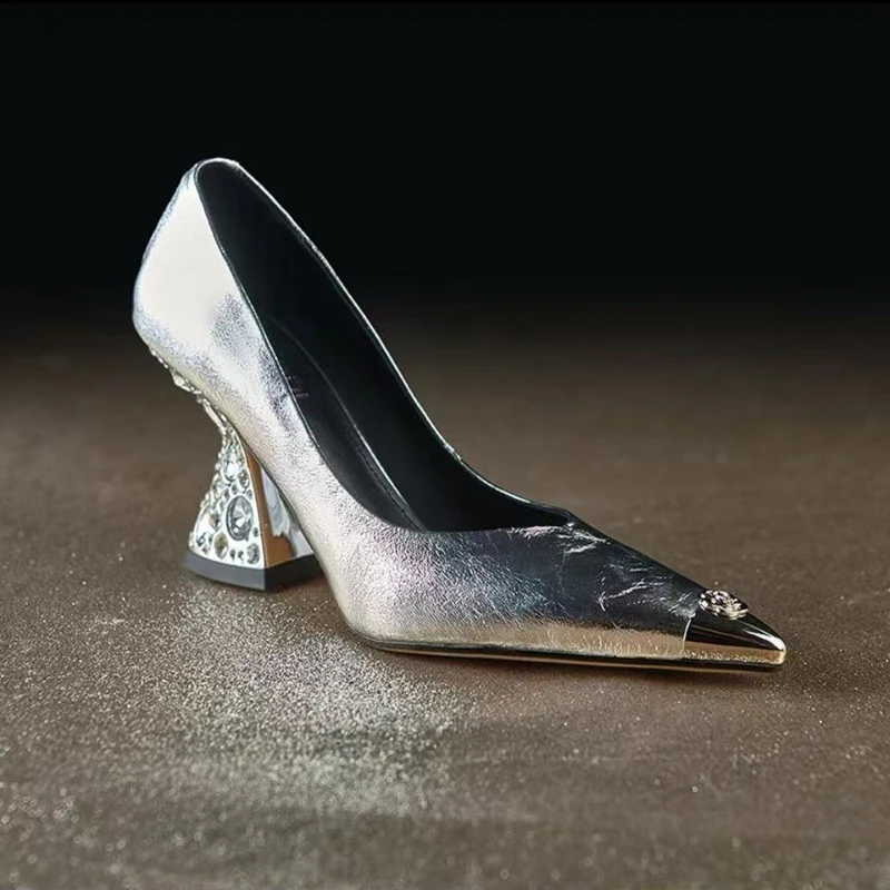 Women's new spring and autumn genuine leather sheepskin metal toe rhinestone high heels high-end temperament fashion work shoes