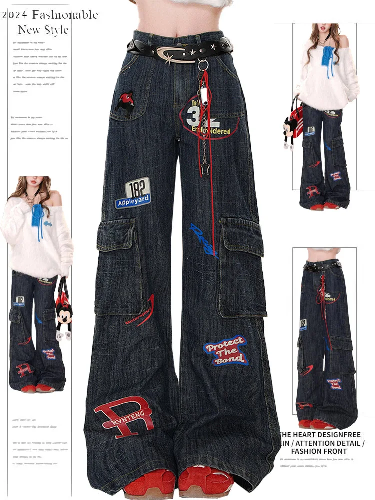 

American style retro printed cargo jeans women's spring and autumn new multi pocket loose wide leg straight leg pants