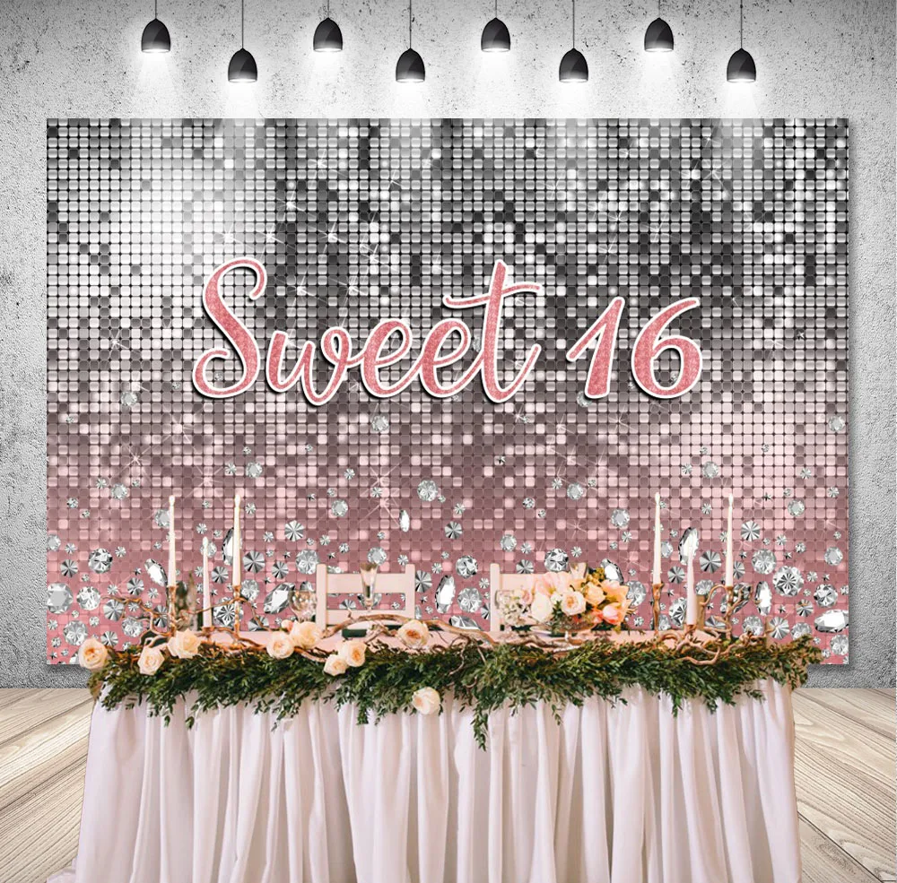 DIXSG Sweet 16th Birthday Banner Background Pink Silvery Sequins Diamonds Photography Backdrop Gold Glitters Photo Studio Props