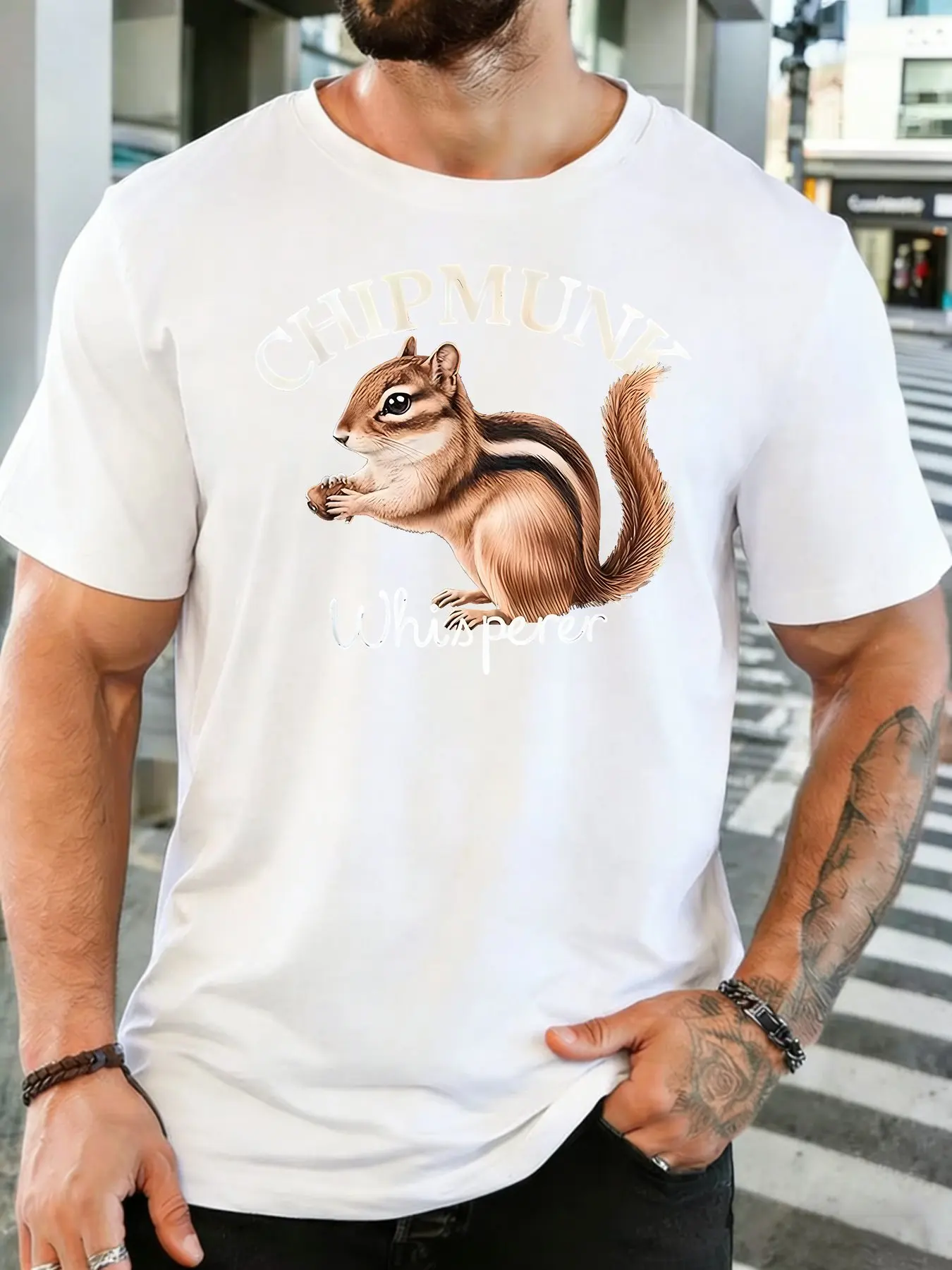 Male Dark Gray Round Neck T Shirt Arch Text Chipmunk Whisperer Cute Nut Holding Chipmunk Forest Animal Daily Cotton Tee