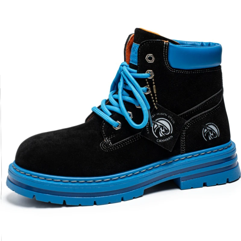 Brushed Look High Top Mens Boots Contrast Blue Tongue Tab Silver Heel Emblem Thick Textured Outsole