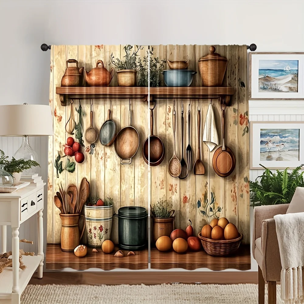 Rustic Kitchen Utensils Print Curtains Vintage Farmhouse Cooking Tools Window Drapes for  Room Kitchen Cafe Privacy Protection