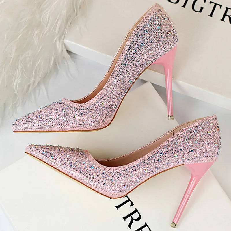 2023 Luxury Designer Women 7cm 10cm High Heels Wedding Bridal Pumps Lady Silver Glitter Crystal Cinderella Scarpins Prom Shoes