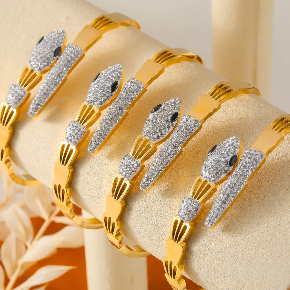 Sparkle Stainless Steel Bracelet for Women Plated Gold Snake Design Luxury Fashion Hollow Bangle Jewelry Gift Wholesale