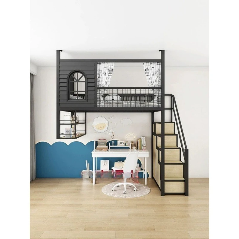 Wrought iron loft bed Upper bed Empty space saving space High and low re-examination Small apartment dormitory