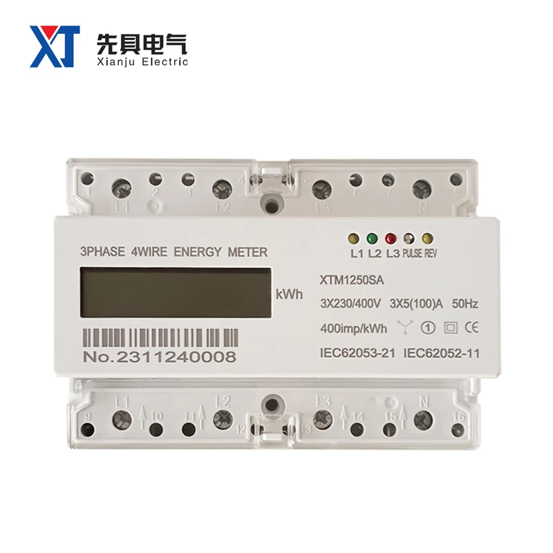 XTM1250SA White Case Three Phase 4 Wires Energy Meter LCD Display 35mm Guide Rail Type 3X220V/380V 3X1.5(6)A 3X5(100)A 50/60Hz