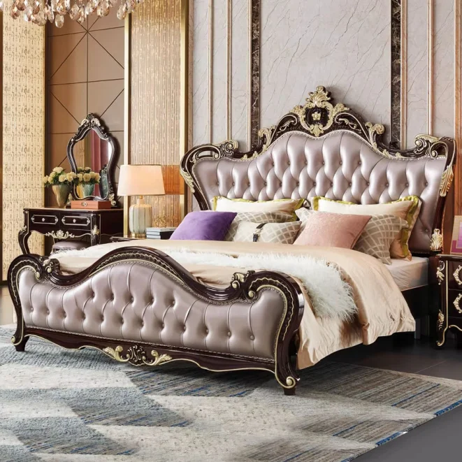 Luxury European Style Green Headmaster King Size Bed Frame Hand Carved Classic Master Bedroom Furniture Set
