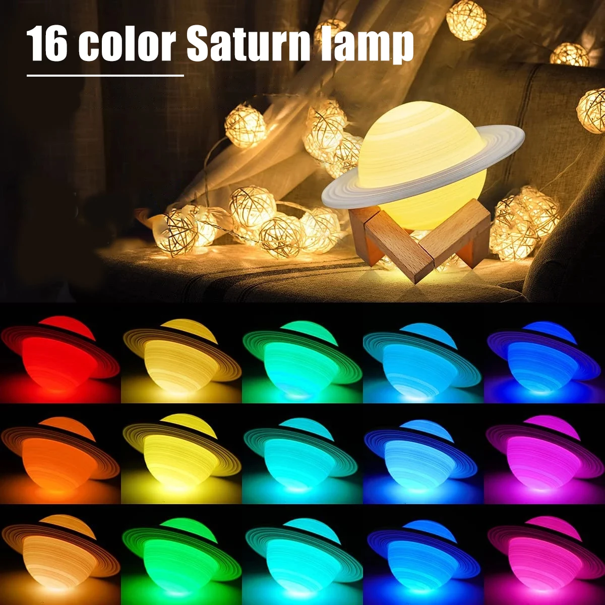 Lámpara LED Saturn, luz nocturna, 16 colores, Galaxy Planet, lámpara ambiental LED con soporte 3D, luz Saturn recargable por USB, mesita de noche