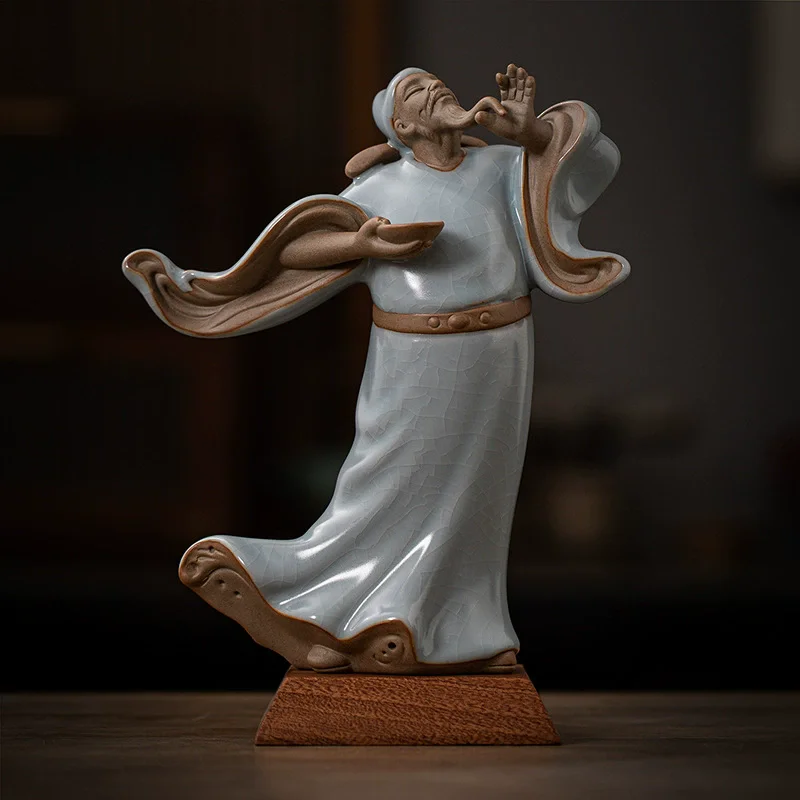 Grande figurine Li Bai observant la lune, statue de poète en céramique Ru Ware, décor de savant pour la scène de la boisson isolée sous la lune, décoration zen pour la maison.