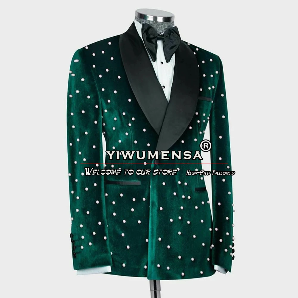 Luxury Pearls Suits Men Black Laple Green Blazer Groom Wedding Tuxedo Tailored Made 2 Piece Set Jacket Pant Prom Party Dress